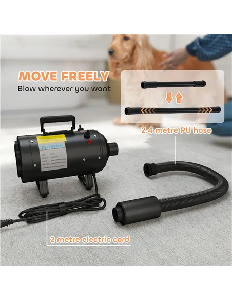 PawHut 2200W Dog Hair Dryer with Adjustable Temperature & Velocity, 3 Different Nozzles, Black