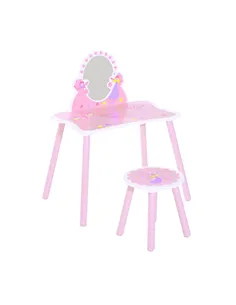HOMCOM Kids Dressing Table Girls Pink Wooden Kids Dressing Table & Stool Make Up Desk Chair Toys Fairy Dresser Play Set w/Mirror