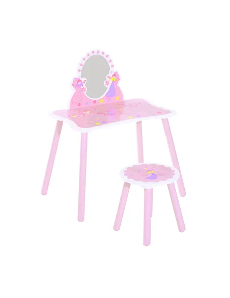 HOMCOM Kids Dressing Table Girls Pink Wooden Kids Dressing Table & Stool Make Up Desk Chair Toys Fairy Dresser Play Set w/Mirror