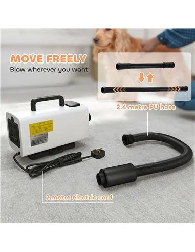 PawHut 2200W Dog Hair Dryer with Auto Adjustable Temperature & Airflow, 3 Nozzles, Digital Screen, for Dogs Cats, White