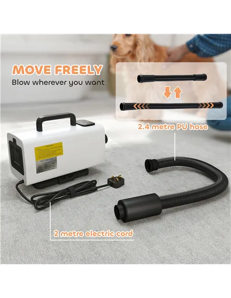 PawHut 2200W Dog Hair Dryer with Auto Adjustable Temperature & Airflow, 3 Nozzles, Digital Screen, for Dogs Cats, White