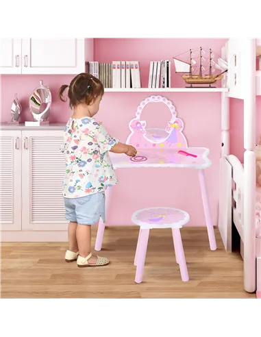 HOMCOM Kids Dressing Table Girls Pink Wooden Kids Dressing Table & Stool Make Up Desk Chair Toys Fairy Dresser Play Set w/Mirror