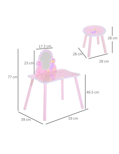 HOMCOM Kids Dressing Table Girls Pink Wooden Kids Dressing Table & Stool Make Up Desk Chair Toys Fairy Dresser Play Set w/Mirror