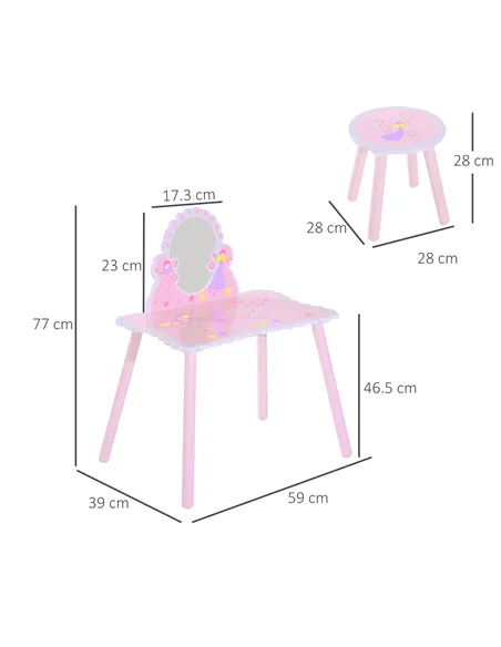 HOMCOM Kids Dressing Table Girls Pink Wooden Kids Dressing Table & Stool Make Up Desk Chair Toys Fairy Dresser Play Set w/Mirror
