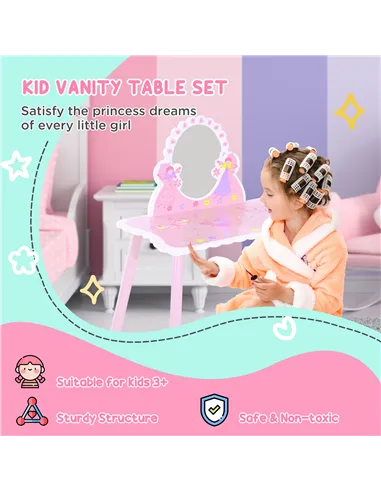 HOMCOM Kids Dressing Table Girls Pink Wooden Kids Dressing Table & Stool Make Up Desk Chair Toys Fairy Dresser Play Set w/Mirror
