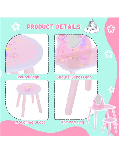 HOMCOM Kids Dressing Table Girls Pink Wooden Kids Dressing Table & Stool Make Up Desk Chair Toys Fairy Dresser Play Set w/Mirror