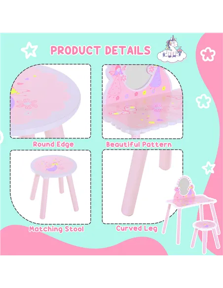 HOMCOM Kids Dressing Table Girls Pink Wooden Kids Dressing Table & Stool Make Up Desk Chair Toys Fairy Dresser Play Set w/Mirror