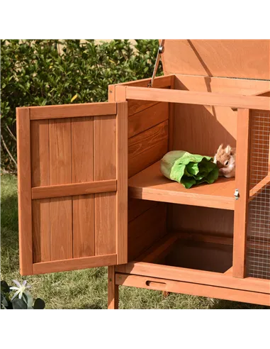 PawHut Wooden Guinea Pigs Hutches Elevated Pet Bunny House with Slide-Out Tray Openable Roof