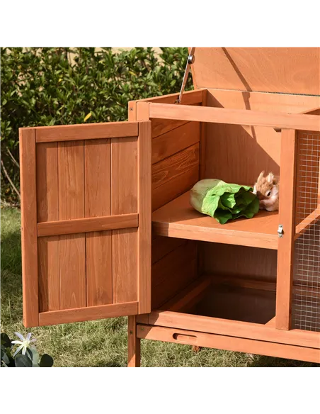 PawHut Wooden Guinea Pigs Hutches Elevated Pet Bunny House with Slide-Out Tray Openable Roof