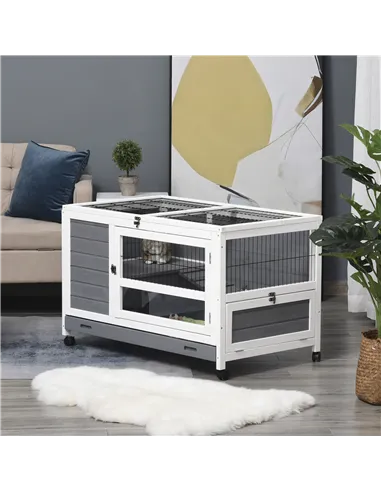 PawHut Wooden Guinea Pigs Hutches Elevated Pet Bunny House Rabbit Cage with Slide-Out Tray Indoor Grey