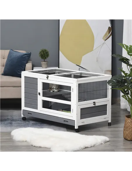 PawHut Wooden Guinea Pigs Hutches Elevated Pet Bunny House Rabbit Cage with Slide-Out Tray Indoor Grey