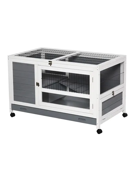 PawHut Wooden Guinea Pigs Hutches Elevated Pet Bunny House Rabbit Cage with Slide-Out Tray Indoor Grey