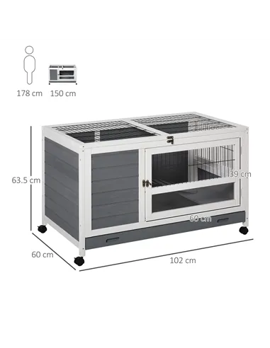 PawHut Wooden Guinea Pigs Hutches Elevated Pet Bunny House Rabbit Cage with Slide-Out Tray Indoor Grey