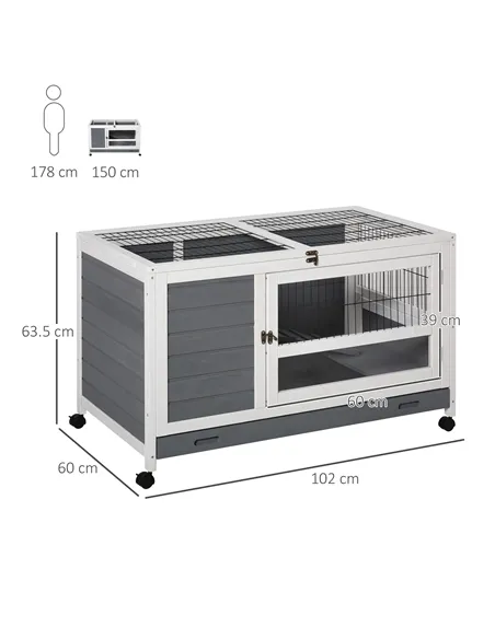 PawHut Wooden Guinea Pigs Hutches Elevated Pet Bunny House Rabbit Cage with Slide-Out Tray Indoor Grey