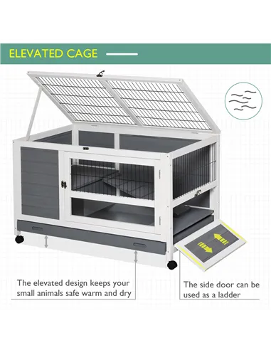PawHut Wooden Guinea Pigs Hutches Elevated Pet Bunny House Rabbit Cage with Slide-Out Tray Indoor Grey