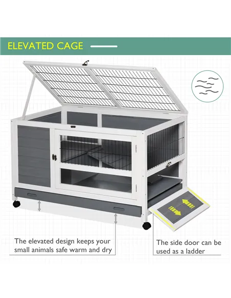 PawHut Wooden Guinea Pigs Hutches Elevated Pet Bunny House Rabbit Cage with Slide-Out Tray Indoor Grey