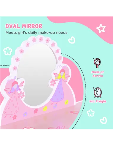 HOMCOM Kids Dressing Table Girls Pink Wooden Kids Dressing Table & Stool Make Up Desk Chair Toys Fairy Dresser Play Set w/Mirror