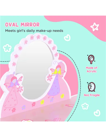 HOMCOM Kids Dressing Table Girls Pink Wooden Kids Dressing Table & Stool Make Up Desk Chair Toys Fairy Dresser Play Set w/Mirror