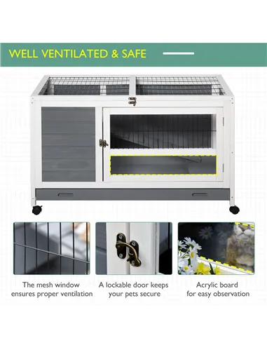 PawHut Wooden Guinea Pigs Hutches Elevated Pet Bunny House Rabbit Cage with Slide-Out Tray Indoor Grey