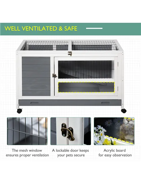 PawHut Wooden Guinea Pigs Hutches Elevated Pet Bunny House Rabbit Cage with Slide-Out Tray Indoor Grey