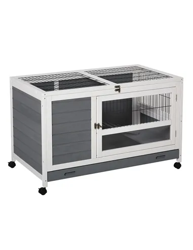 PawHut Wooden Guinea Pigs Hutches Elevated Pet Bunny House Rabbit Cage with Slide-Out Tray Indoor Grey