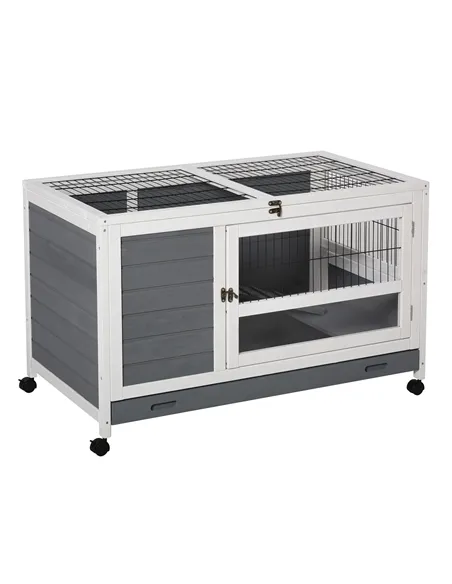 PawHut Wooden Guinea Pigs Hutches Elevated Pet Bunny House Rabbit Cage with Slide-Out Tray Indoor Grey