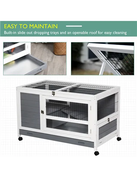 PawHut Wooden Guinea Pigs Hutches Elevated Pet Bunny House Rabbit Cage with Slide-Out Tray Indoor Grey