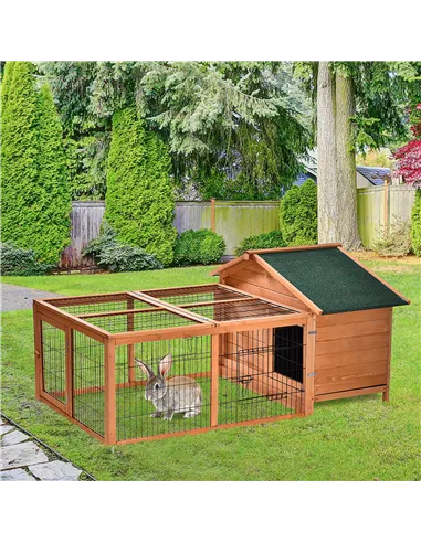 PawHut Wooden Guinea Pigs Hutches Detachable Rabbit Cage Pet House with Openable Run & Roof Slide-out Tray
