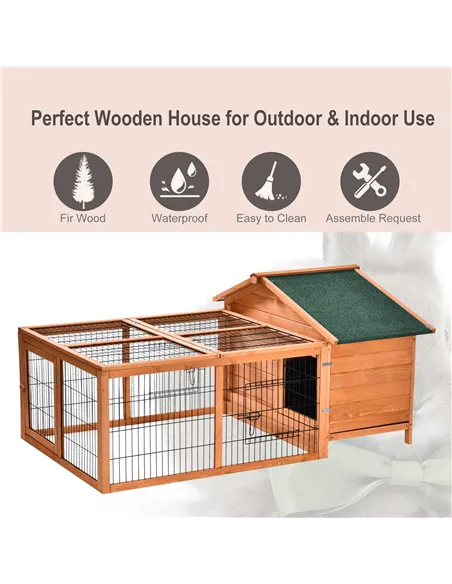 PawHut Wooden Guinea Pigs Hutches Detachable Rabbit Cage Pet House with Openable Run & Roof Slide-out Tray