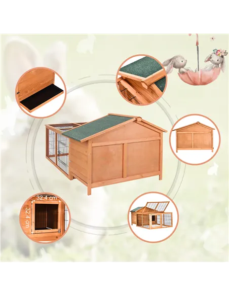 PawHut Wooden Guinea Pigs Hutches Detachable Rabbit Cage Pet House with Openable Run & Roof Slide-out Tray