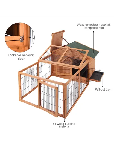PawHut Wooden Guinea Pigs Hutches Detachable Rabbit Cage Pet House with Openable Run & Roof Slide-out Tray