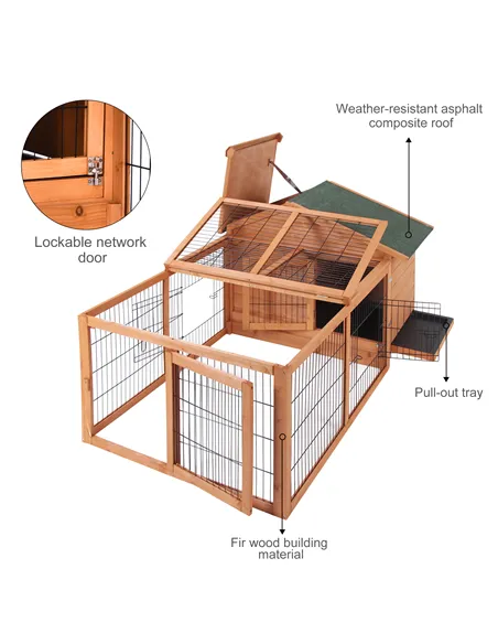 PawHut Wooden Guinea Pigs Hutches Detachable Rabbit Cage Pet House with Openable Run & Roof Slide-out Tray