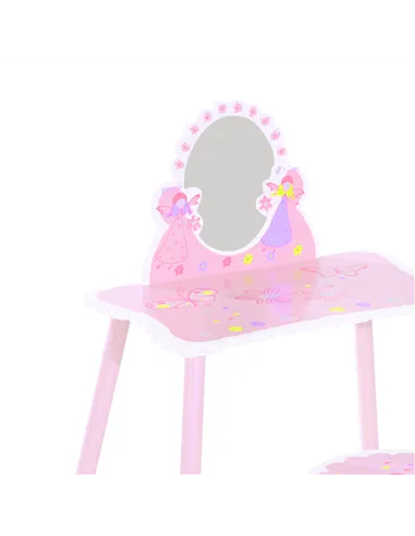 HOMCOM Kids Dressing Table Girls Pink Wooden Kids Dressing Table & Stool Make Up Desk Chair Toys Fairy Dresser Play Set w/Mirror
