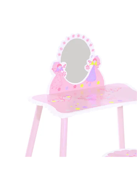 HOMCOM Kids Dressing Table Girls Pink Wooden Kids Dressing Table & Stool Make Up Desk Chair Toys Fairy Dresser Play Set w/Mirror