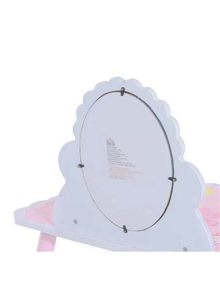HOMCOM Kids Dressing Table Girls Pink Wooden Kids Dressing Table & Stool Make Up Desk Chair Toys Fairy Dresser Play Set w/Mirror