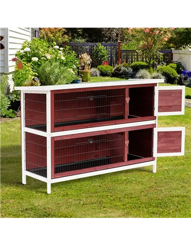 Pawhut Two-Tier Double Decker Wooden Guinea Pigs Hutches Pet Cage 136.4Lx50Wx93H cm-Brown/White