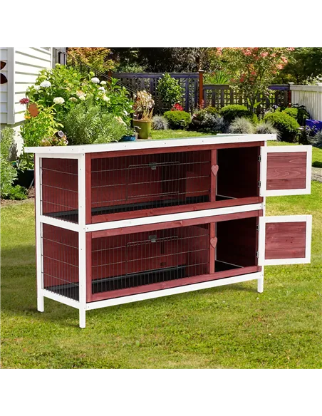 Pawhut Two-Tier Double Decker Wooden Guinea Pigs Hutches Pet Cage 136.4Lx50Wx93H cm-Brown/White