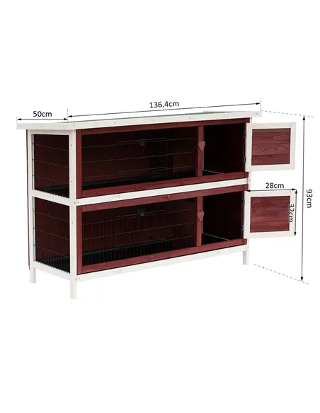 Pawhut Two-Tier Double Decker Wooden Guinea Pigs Hutches Pet Cage 136.4Lx50Wx93H cm-Brown/White