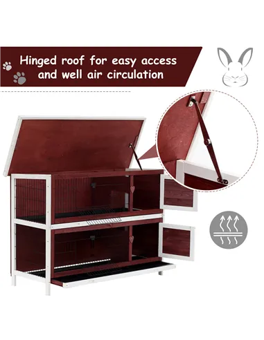 Pawhut Two-Tier Double Decker Wooden Guinea Pigs Hutches Pet Cage 136.4Lx50Wx93H cm-Brown/White