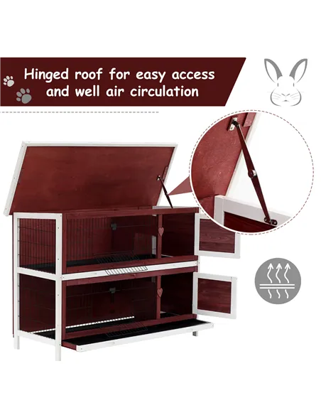 Pawhut Two-Tier Double Decker Wooden Guinea Pigs Hutches Pet Cage 136.4Lx50Wx93H cm-Brown/White