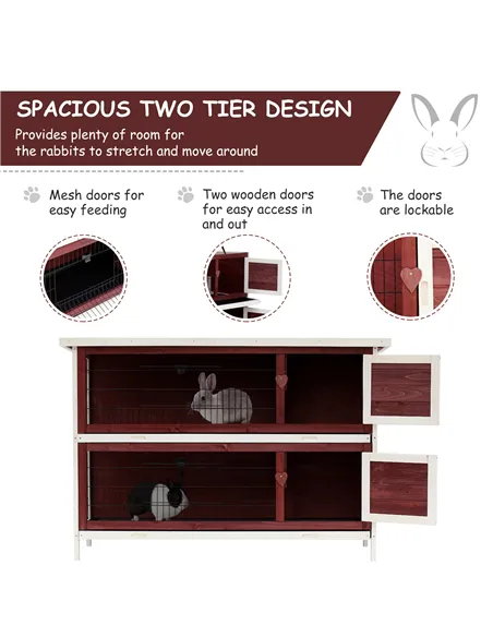 Pawhut Two-Tier Double Decker Wooden Guinea Pigs Hutches Pet Cage 136.4Lx50Wx93H cm-Brown/White