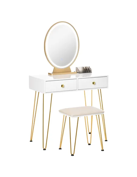 HOMCOM Dressing Table Set with LED Light, Round Mirror, Vanity Makeup Table with 2 Drawers and Cushioned Stool for Bedroom, Whit