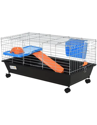PawHut Steel Small 2-Tier Small Guinea Pigs Hutches w/ Accessories Blue/Orange