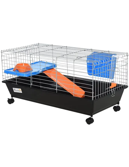 PawHut Steel Small 2-Tier Small Guinea Pigs Hutches w/ Accessories Blue/Orange
