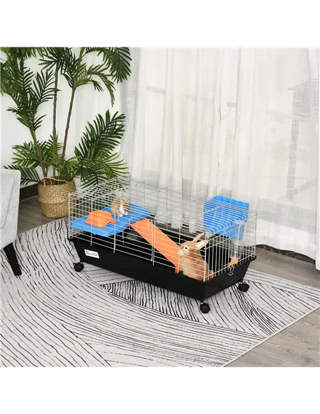 PawHut Steel Small 2-Tier Small Guinea Pigs Hutches w/ Accessories Blue/Orange