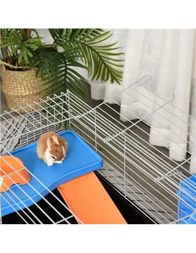 PawHut Steel Small 2-Tier Small Guinea Pigs Hutches w/ Accessories Blue/Orange