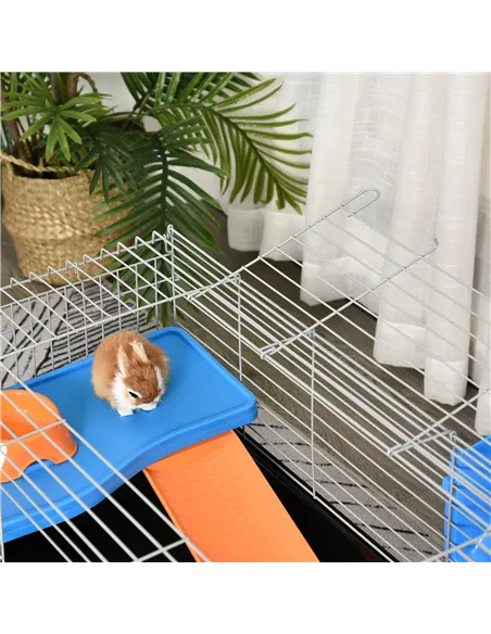 PawHut Steel Small 2-Tier Small Guinea Pigs Hutches w/ Accessories Blue/Orange