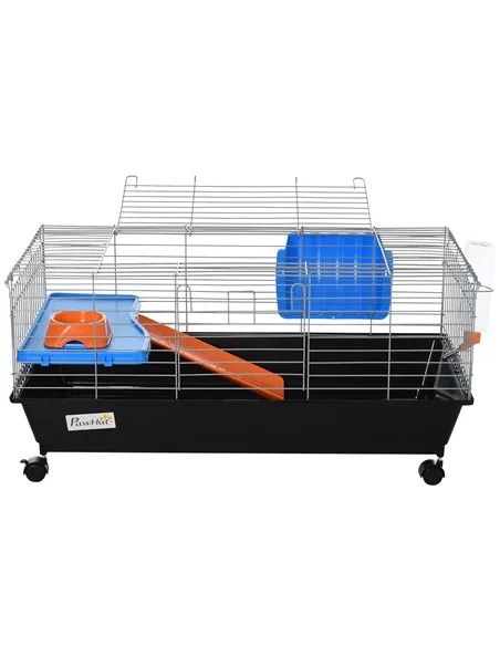PawHut Steel Small 2-Tier Small Guinea Pigs Hutches w/ Accessories Blue/Orange