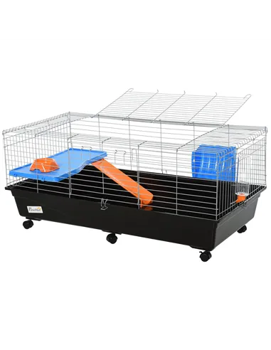 PawHut Steel Medium 2-Tier Small Guinea Pigs Hutches w/ Accessories Blue/Orange