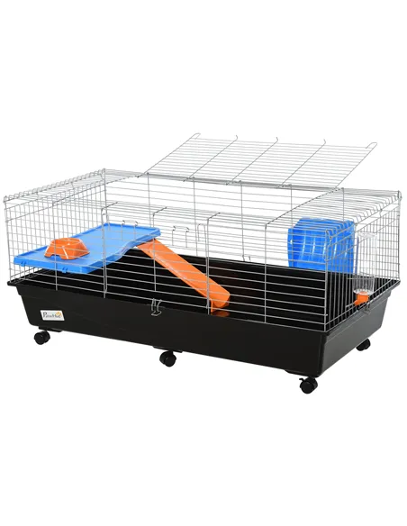 PawHut Steel Medium 2-Tier Small Guinea Pigs Hutches w/ Accessories Blue/Orange